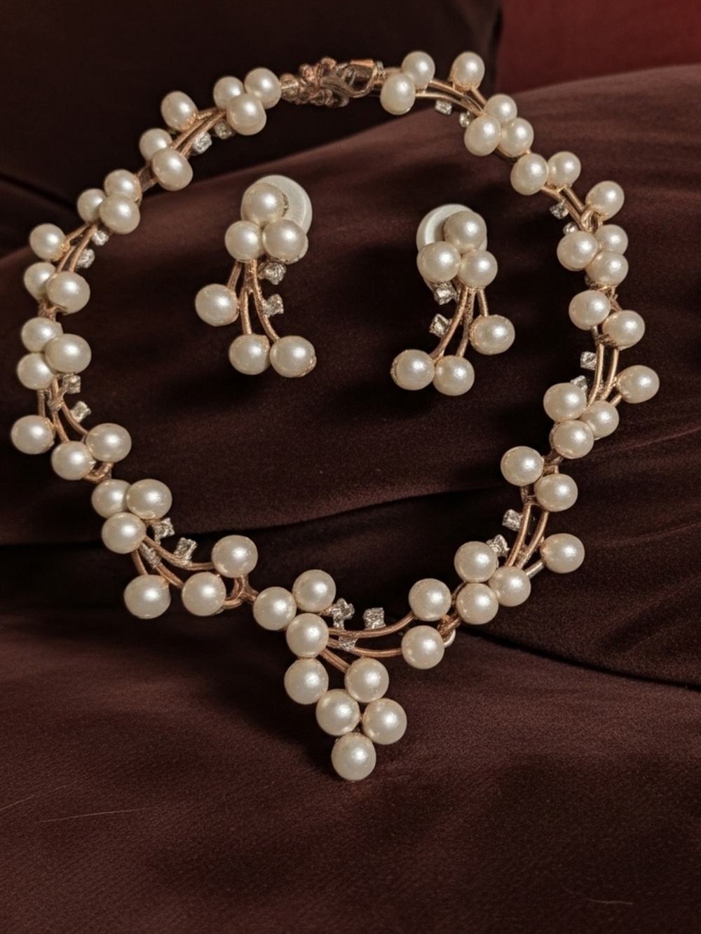 Pearl Cluster Necklace & Earrings Set - White Pearl Fashion Jewelry